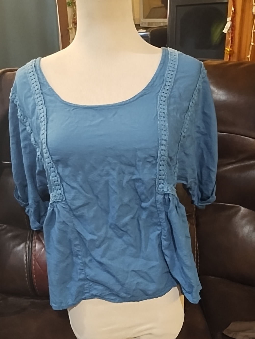 Blue Crochet-Trim Scoop Neck Women's Top